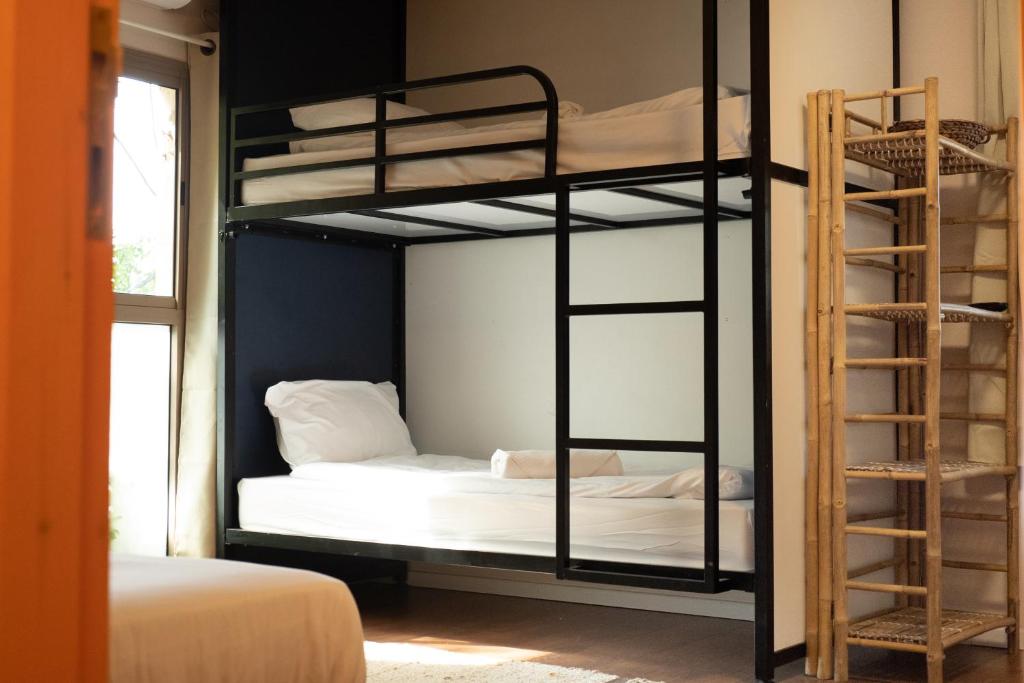a room with two bunk beds and a ladder at Beit Oren Hotel in Beit Oren