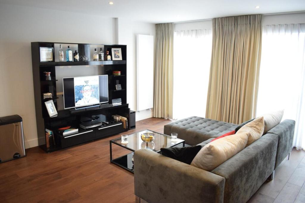 a living room with a couch and a television at Beautiful Modern 1 Bedroom Apartment in North London in London