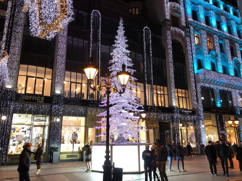 un arbre de Noël devant un magasin dans l'établissement Corso View, à Budapest