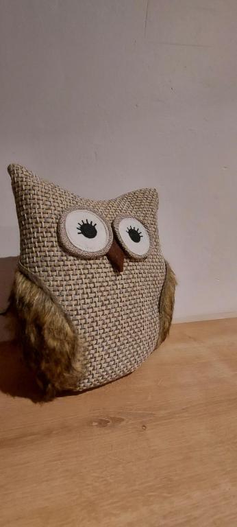 a crocheted pillow with eyes on a table at La Chouette in Gérardmer