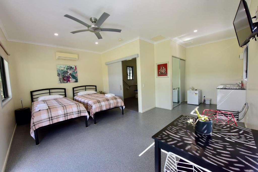 Postel nebo postele na pokoji v ubytování Daintree Peaks ECO Stays
