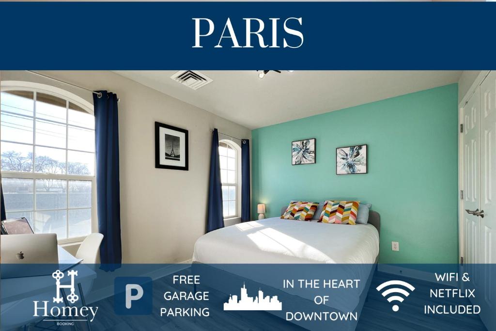 a poster of a bedroom with a bed in a room at HOMEY PARIS - NEW / Free garage parking / Downtown Salt Lake City in Salt Lake City