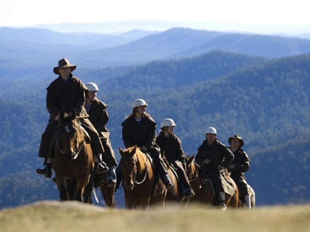 a group of people riding horses on a hill at T Bar on Twynam - Modern 2BR Apartment l WiFi l Netflix l BBQ l Smart TV l Air-Con in Jindabyne
