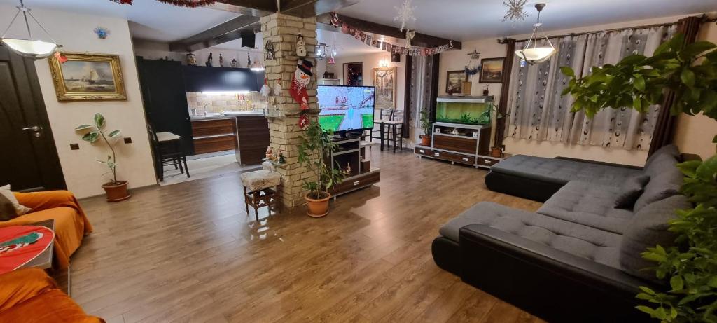 a living room with a couch and a tv at Ilmar House in Cluj-Napoca