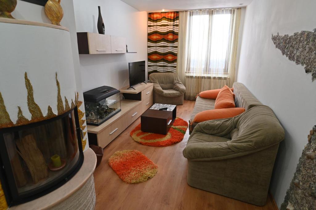 ein Wohnzimmer mit einem Sofa und einem TV in der Unterkunft Apartament Camelia in Petroşani