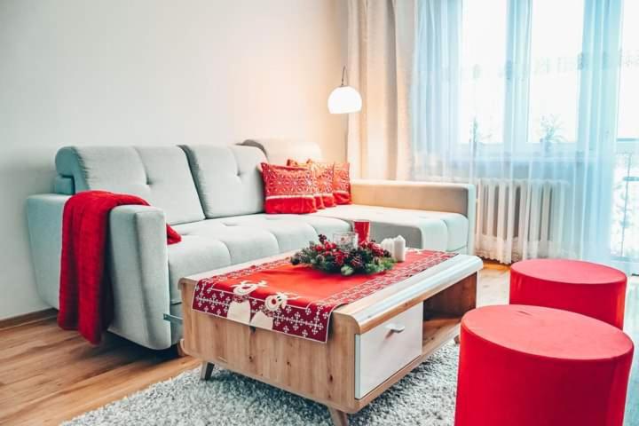 ein Wohnzimmer mit einem Sofa und einem Couchtisch in der Unterkunft Apartament Piaseckiego in Zakopane