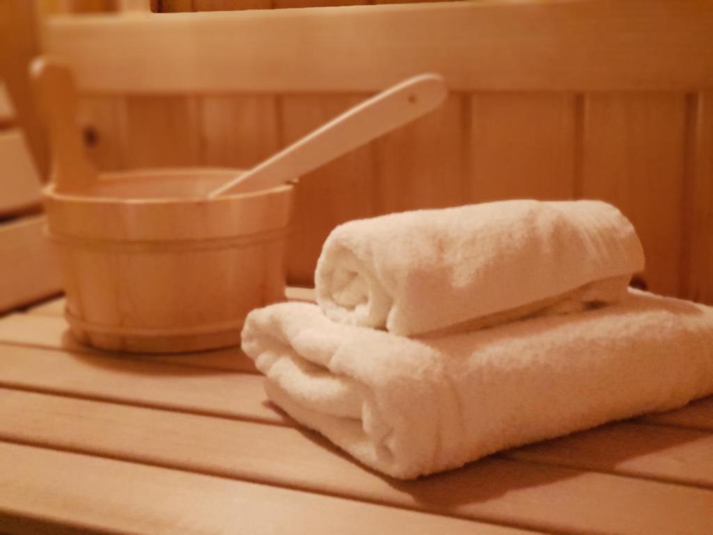 克拉尼斯卡戈拉Apartment Ranc的刀子在柜台上堆着的毛巾