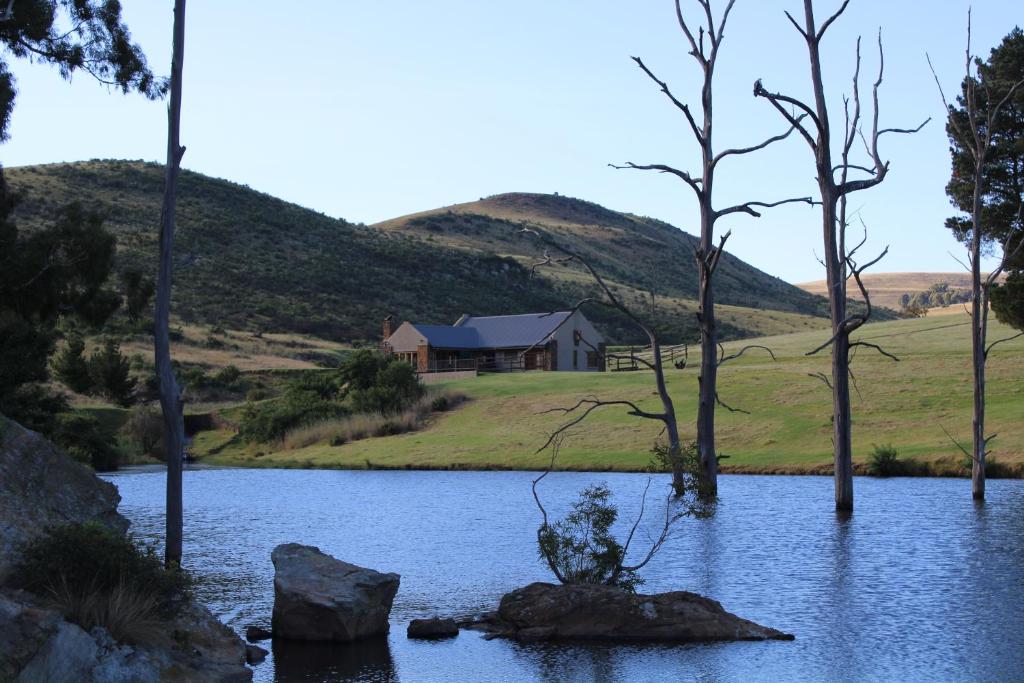 a house sitting in the middle of a lake at Wetlands Game Lodge in Wakkerstroom