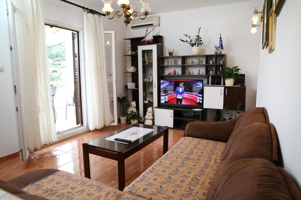 a living room with a couch and a tv at Apartments Boro in Splitska