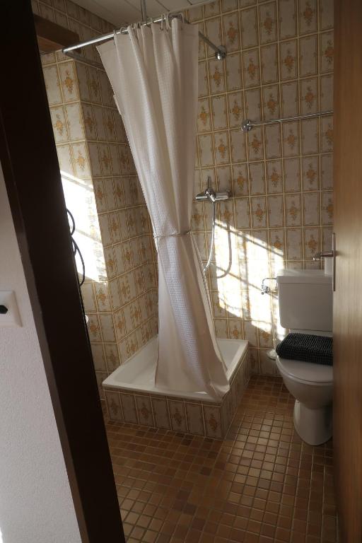 a bathroom with a tub and a toilet with a shower curtain at Chalet Valeria in Saas-Fee