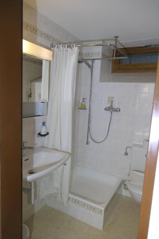a bathroom with a shower and a sink and a toilet at Chalet Valeria in Saas-Fee