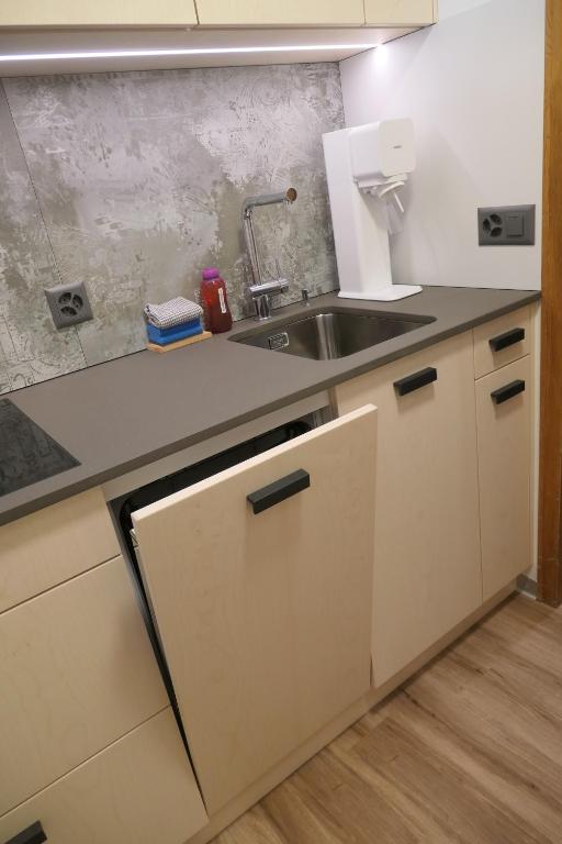 a kitchen with a sink and a counter top at Chalet Valeria in Saas-Fee