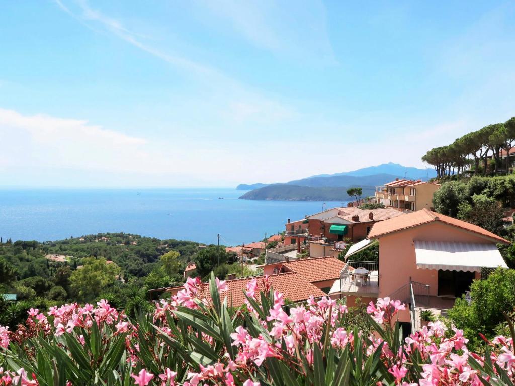 a view of a town with pink flowers at Apartment Giulia-2 by Interhome in Capoliveri