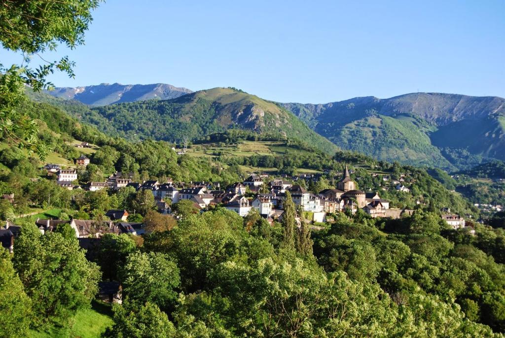 een dorp in een vallei met bergen op de achtergrond bij Les Rochers in Saint-Savin
