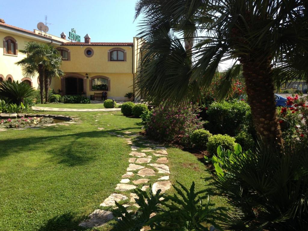 un patio con una palmera y una casa en La Locanda del Cavaliere, en Borgo Montello