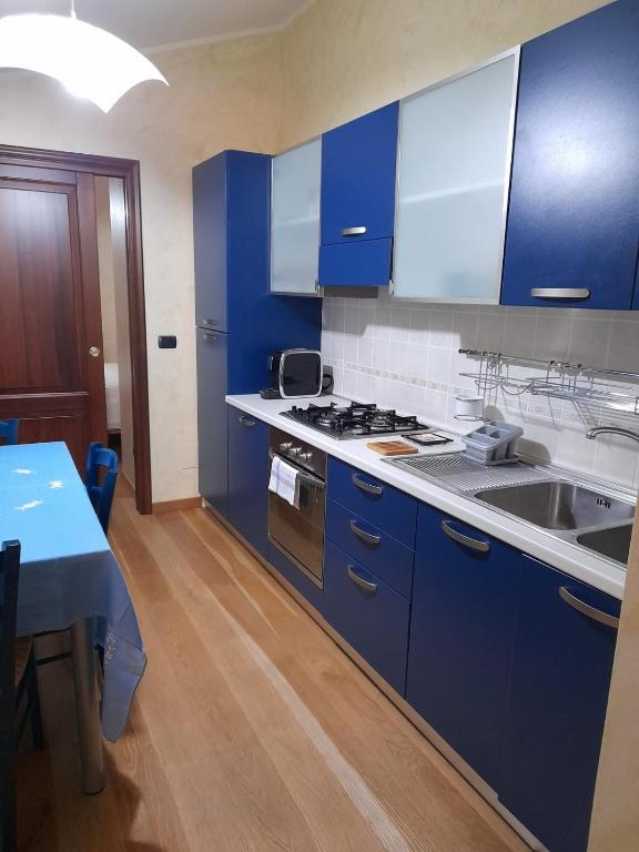 kuchnia z niebieskimi szafkami, zlewem i stołem w obiekcie Casa Sigiu - La Vetta w mieście Terminillo