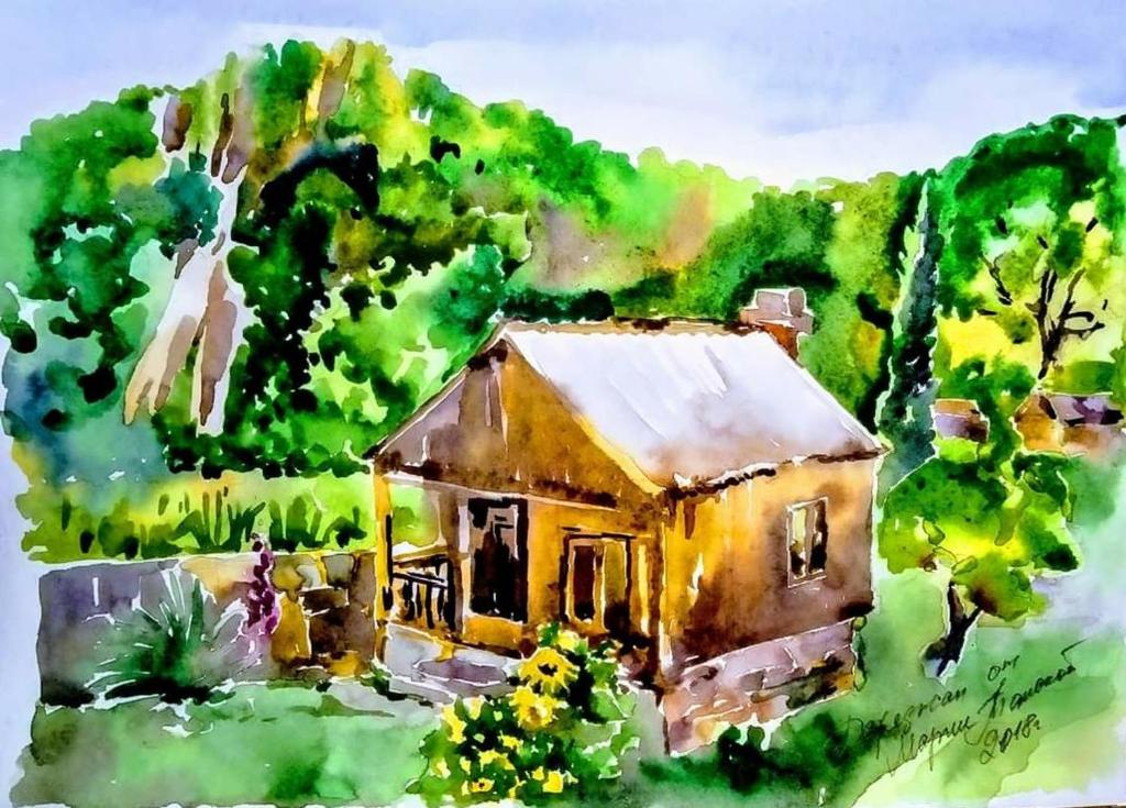 Satsiskvilo的住宿－Discover Kinchkha，田野中房屋的绘画