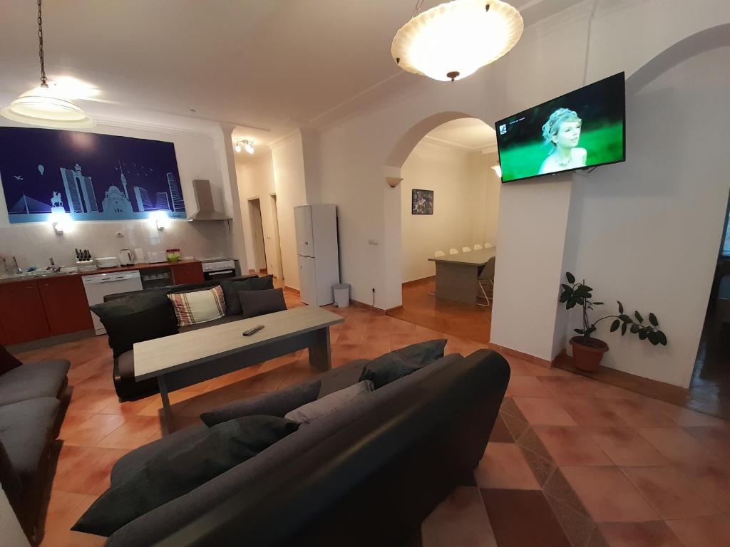 een woonkamer met een bank en een tv aan de muur bij Authentic Belgrade Centre Apartments in Belgrado