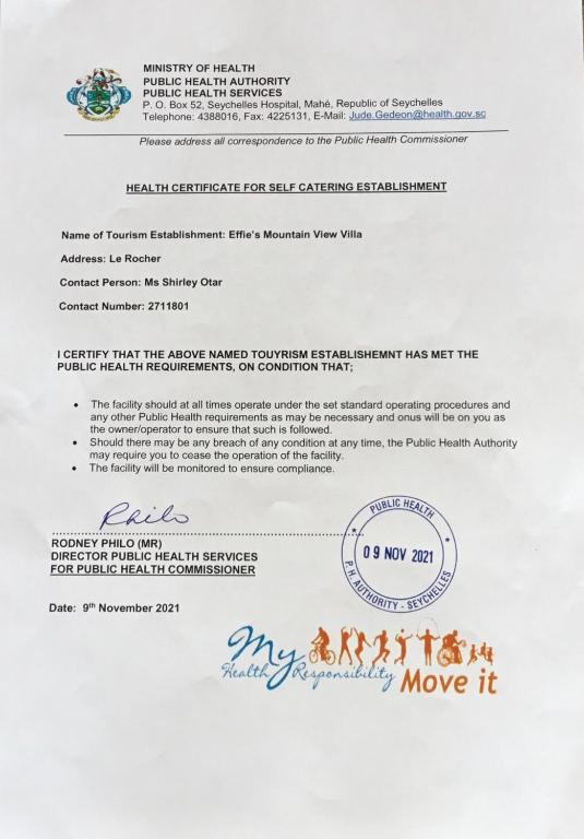 Certifikát, hodnocení, plakát nebo jiný dokument vystavený v ubytování Effie Mountain View Gecko Villa