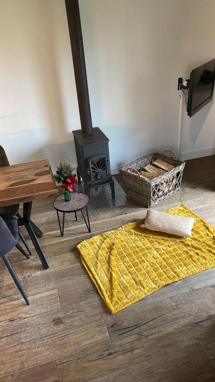 a living room with a wood stove and a rug at Hof van Bommerig in Mechelen