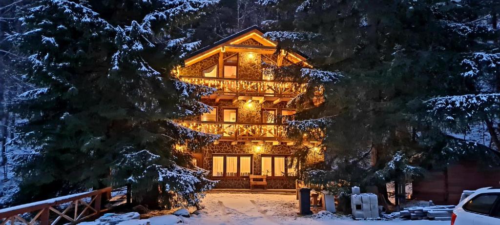 une maison en rondins dans la neige avec des lumières de Noël dans l'établissement Chata Oddychovka, à Demänovská Dolina