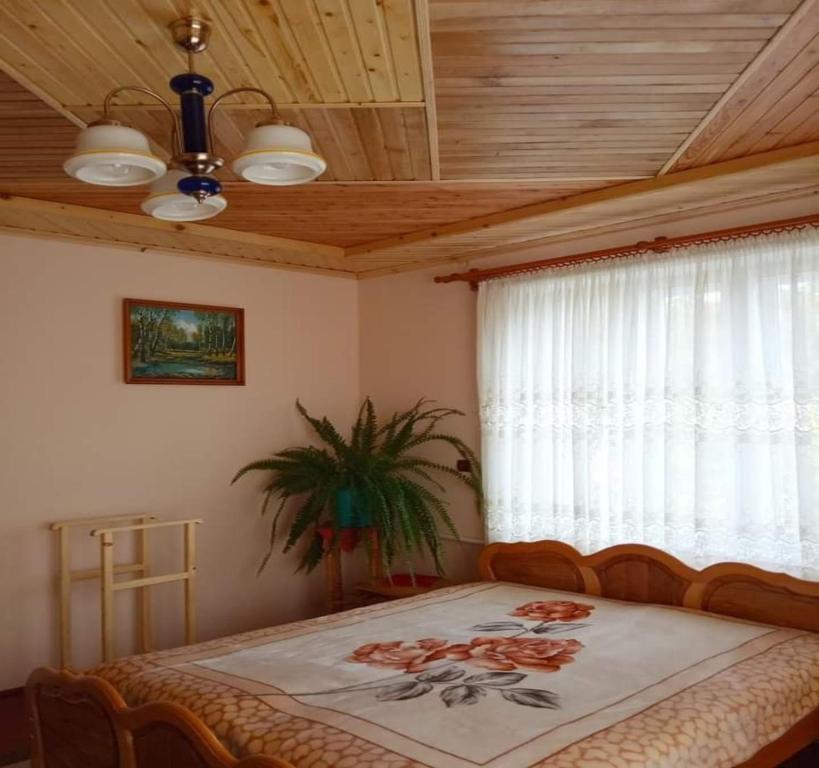 a bedroom with a bed and a window and a ceiling at Bat'kivska Hata in Stari Kuty