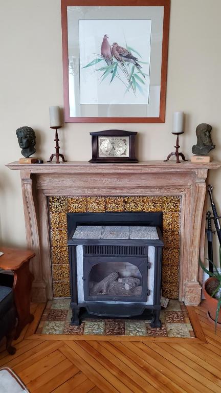 a fireplace with a bird on top of it at The Lark & Loon Inn in Annapolis Royal