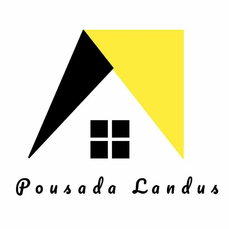 a yellow and black logo for a company with a house at Pousada Landus in São Paulo