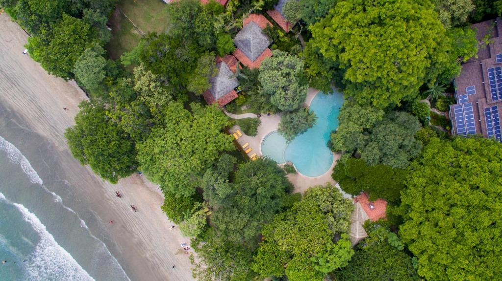 una vista aérea de una playa con piscina y árboles en Capitán Suizo Beachfront Boutique Hotel en Tamarindo