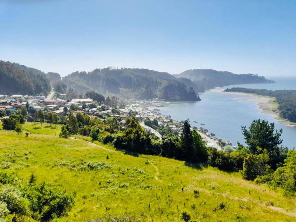 una vista di una città su una collina vicino a un fiume di Cabaña Vista Queule a Queule