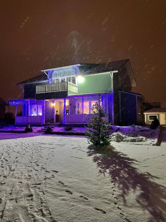 ソルタヴァラにあるГостевой Дом Никаの雪中のクリスマスツリーのある家