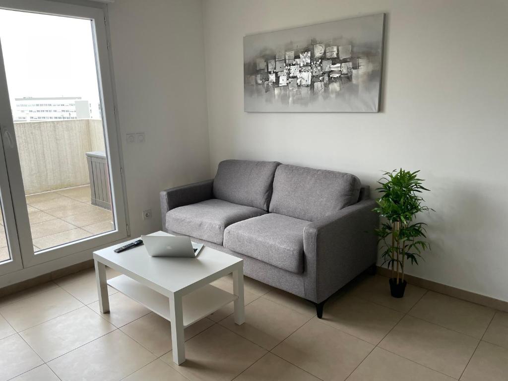 uma sala de estar com um sofá e uma mesa em Charmant T2 avec grande terrasse au calme em Saint-Jean-de-Védas