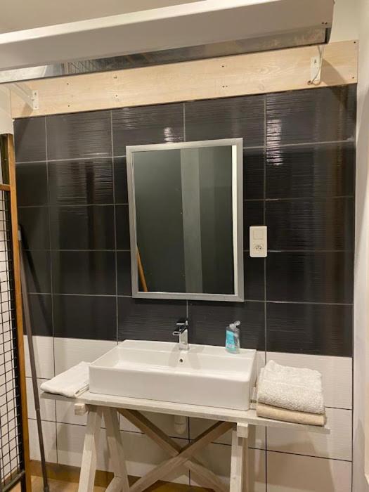 a bathroom with a white sink and a mirror at Gite l ORIGINE in Ornans