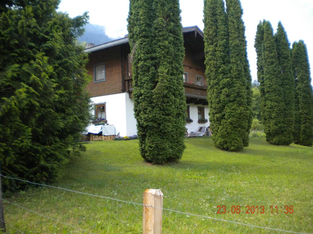 um grupo de árvores em frente a uma casa em s'Hoamatl em Neukirchen am Grossvenediger