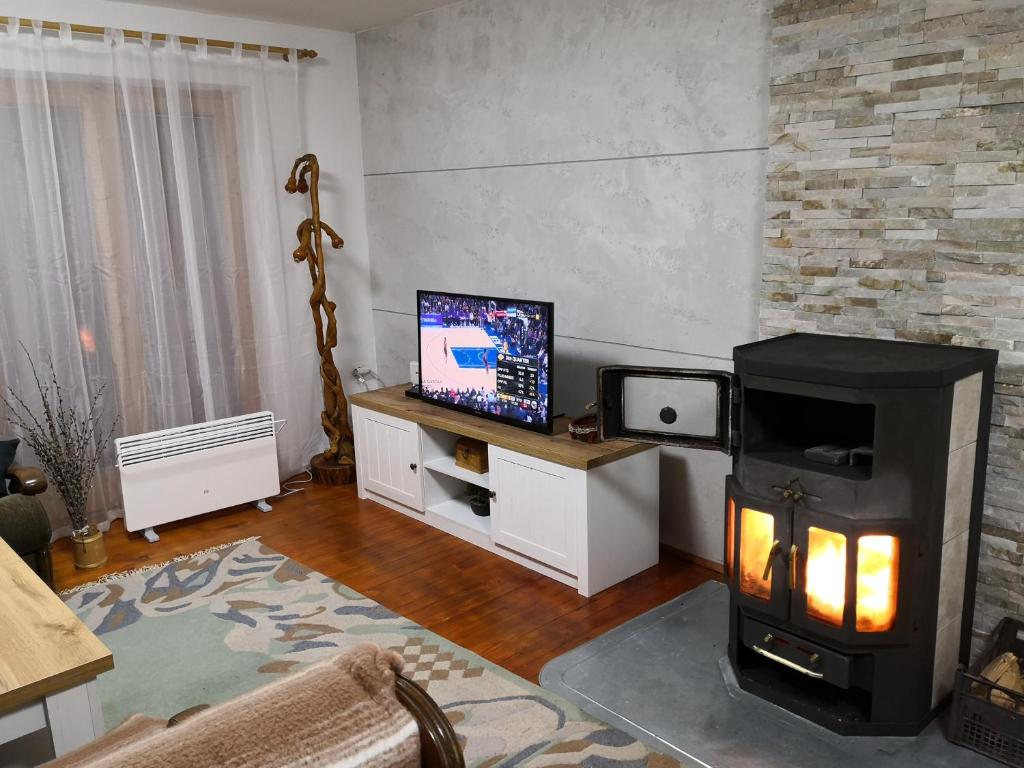 a living room with a fireplace and a television at Vikendica Ajla in Travnik