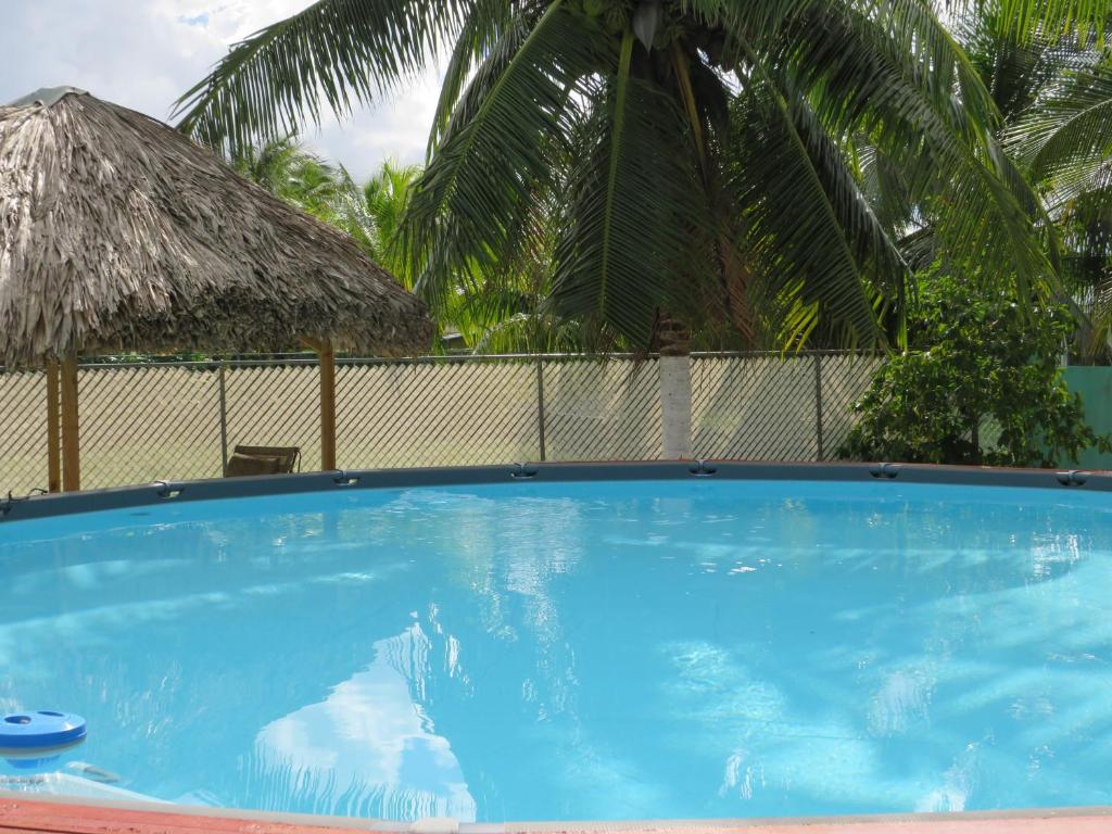 una gran piscina azul con sombrilla de paja en LAKE VIEW CONDO en Ciudad de Belice