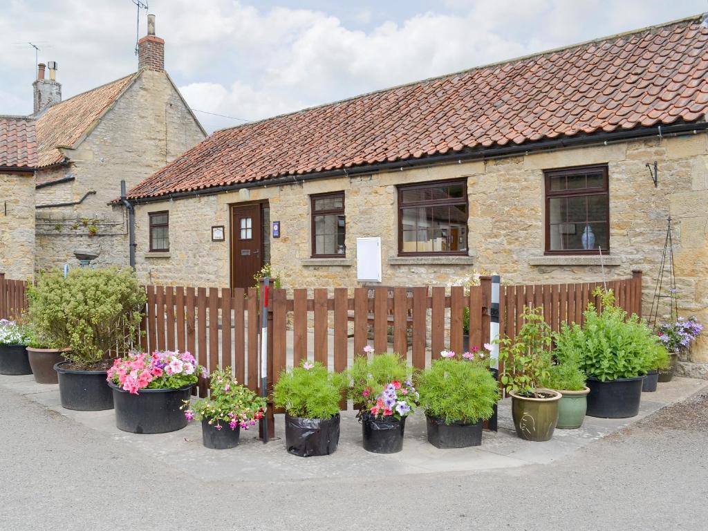 a bunch of potted plants in front of a house at Cow Pasture Cottage - Uk2297 in Ebberston