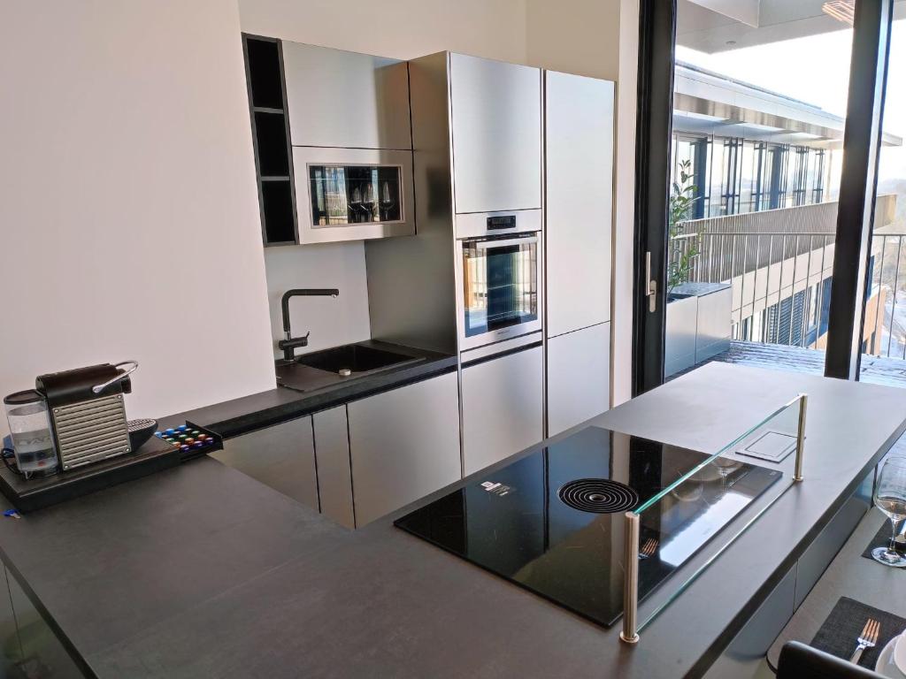 Kuchyň nebo kuchyňský kout v ubytování Panorama Apartment Vienna - free parking, sauna & fitness