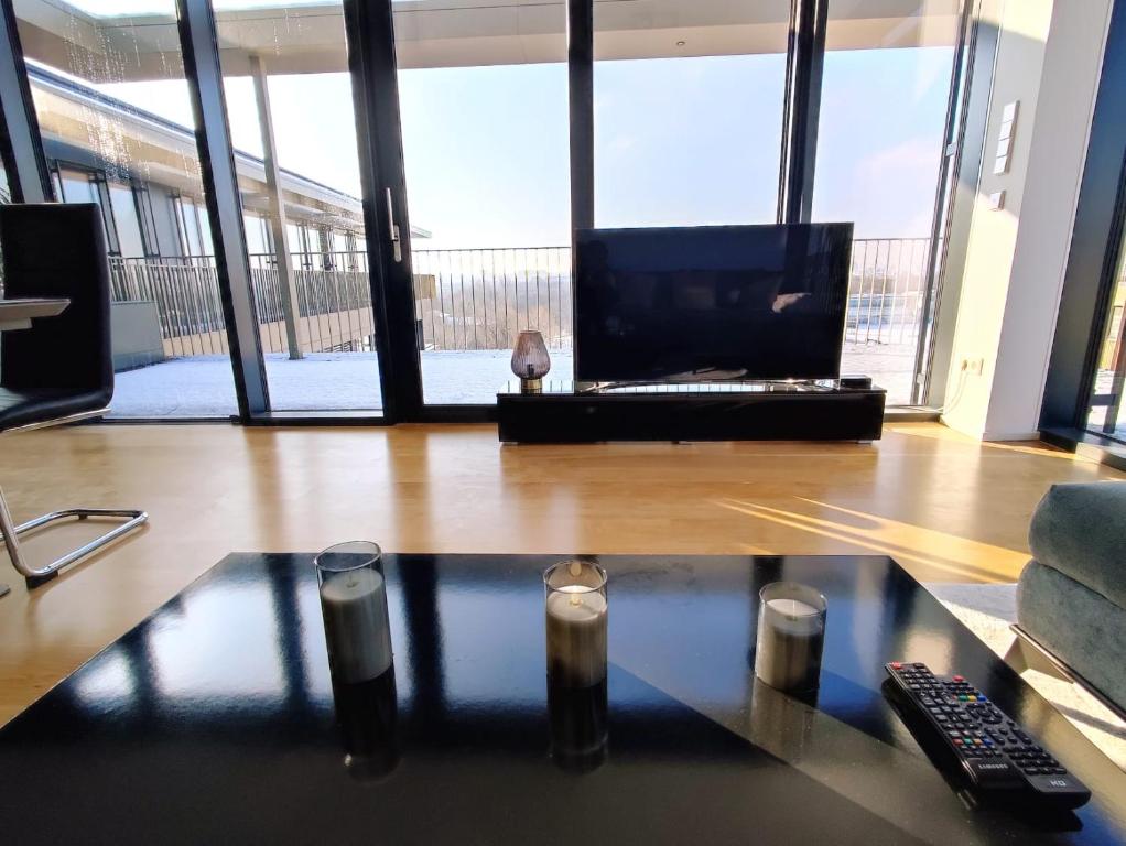 TV a/nebo společenská místnost v ubytování Panorama Apartment Vienna - free parking, sauna & fitness
