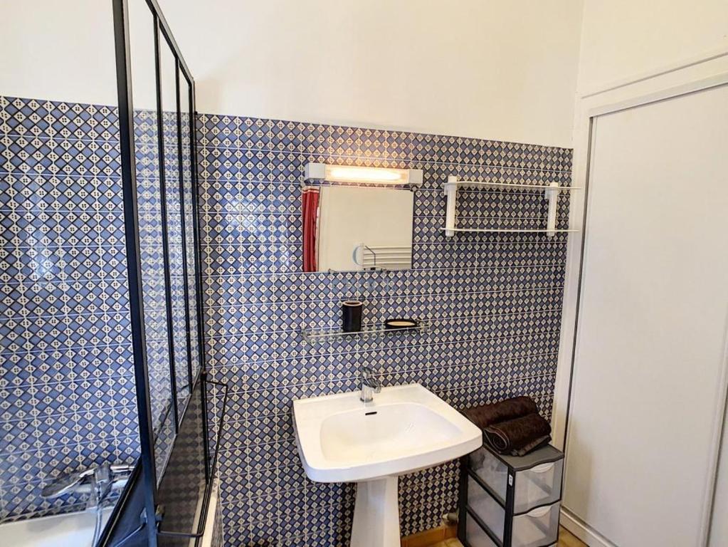 une salle de bain avec un lavabo et une douche dans l'établissement Petit cocon en plein centre historique d'Uzès - Place aux herbes en zone piétonnière, à Uzès
