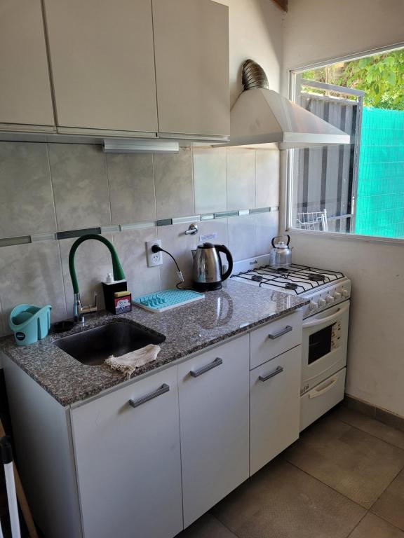 a kitchen with a sink and a stove at Tierra del sur in El Bolsón