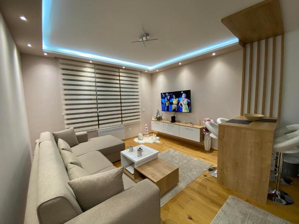 Una sala de estar con un sofá y un televisor. en Jellenaa, en Zlatibor