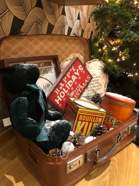 a suitcase filled with christmas books and a christmas tree at O bois dormant in Vireux-Wallerand