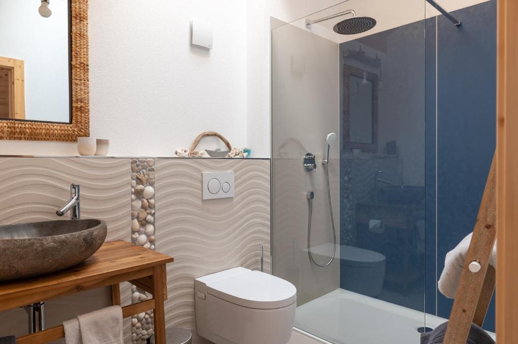 a bathroom with a sink and a toilet and a shower at Chalet Diognysos B&B, Boutique Hotel & Wellness in Crans-Montana
