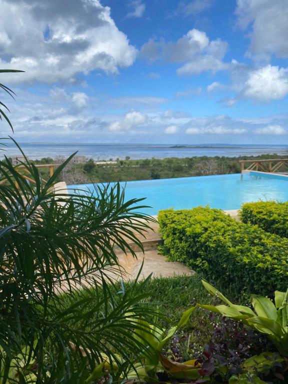 einen Blick auf einen Pool mit Meerblick im Hintergrund in der Unterkunft Big Furaha Villa in Kidoti