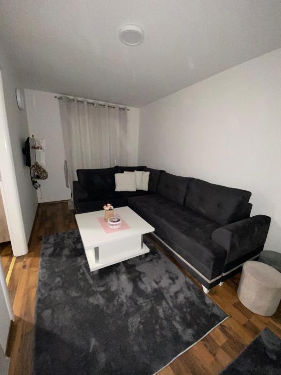 salon z czarną kanapą i stołem w obiekcie Apartman Arya Vlasic w mieście Šišava