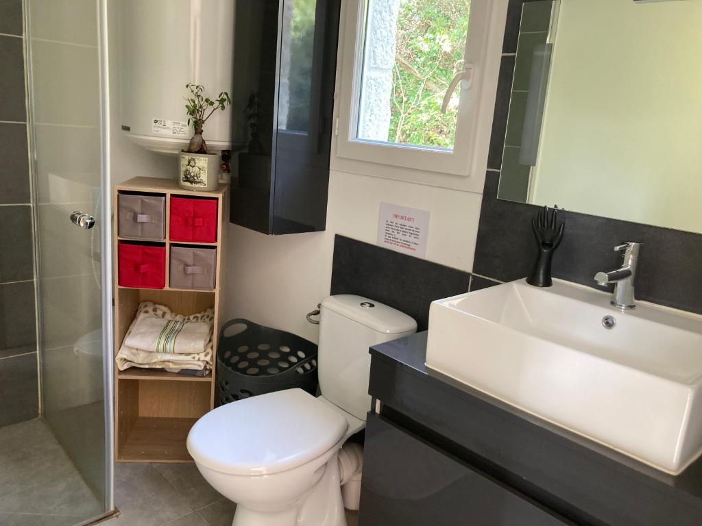 a bathroom with a white toilet and a sink at B&B Macchia Verdata avec piscine in Monacia-dʼAullène