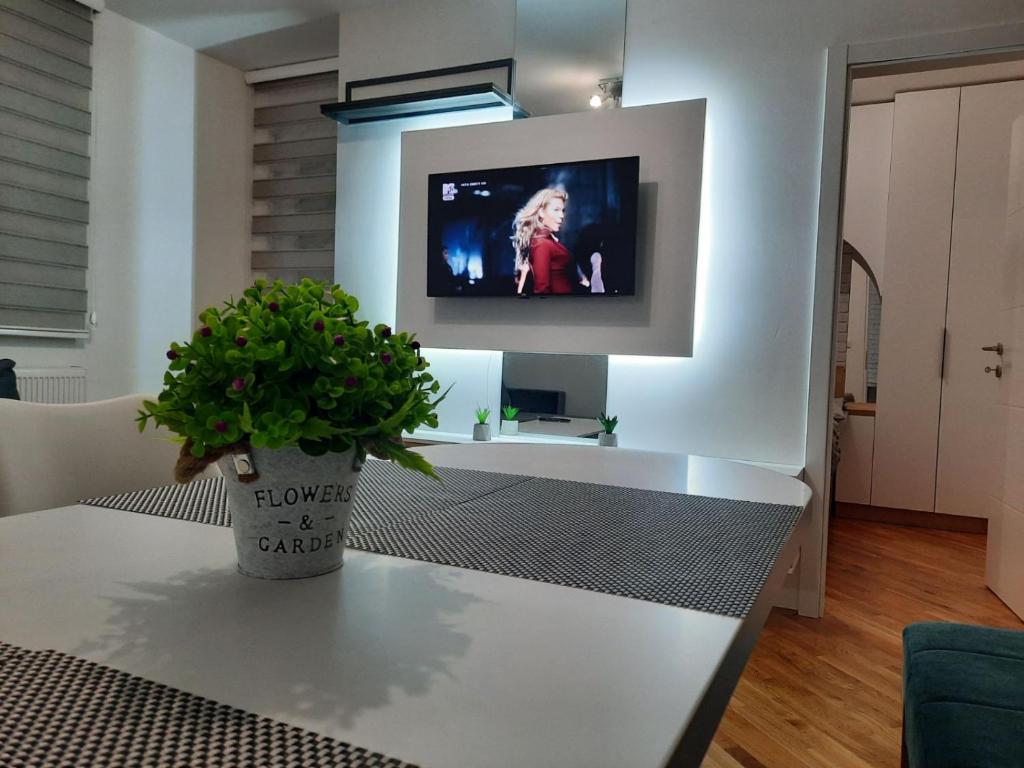 ein Wohnzimmer mit einem Tisch und einem TV an der Wand in der Unterkunft Apartman Matija in Pale