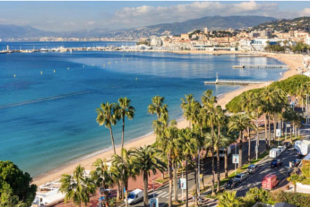 - une vue sur la plage bordée de palmiers et l'océan dans l'établissement Nice Apt For 4 In Cannes, à Cannes
