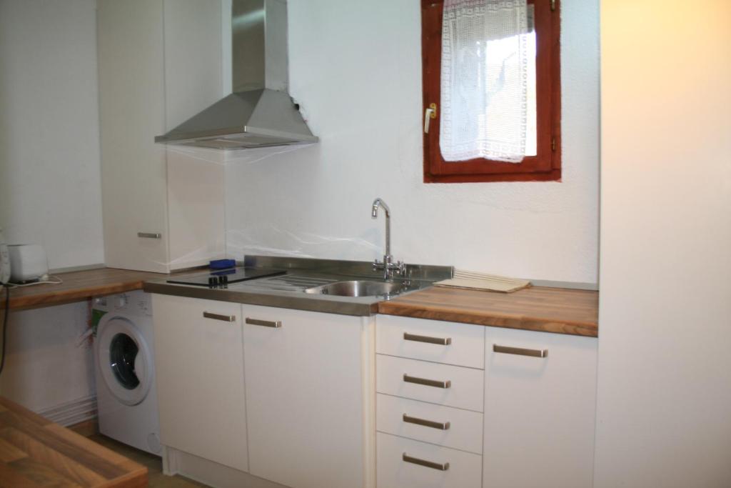 uma cozinha com um lavatório e uma máquina de lavar roupa em Cal Xesc em Castellar de NʼHug
